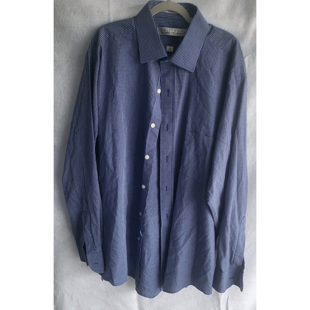 vanheusen button up blue white check 16 32/33‎ long sleeve pocket